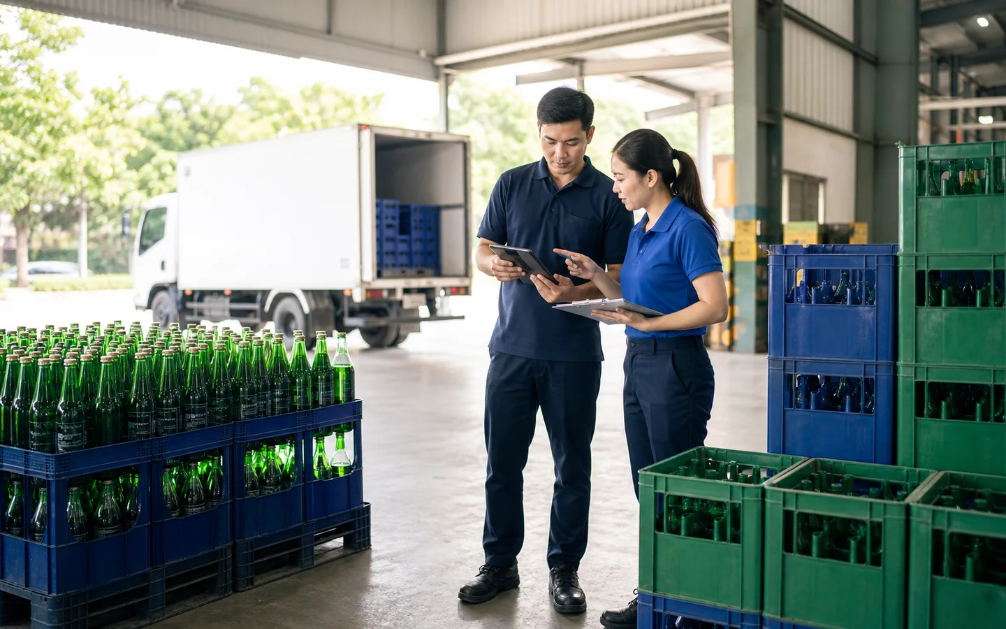 Nhân viên kho đối soát chai và két luân chuyển trong ngành đồ uống